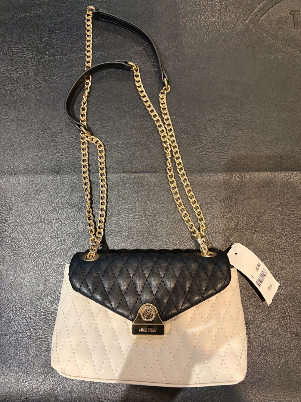 Nine West New Quilted Two-Tone Leather Chain Shoulder Bag - Black & Cream/ Gold